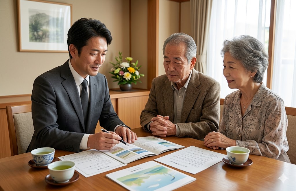 海洋散骨の業者から説明を受ける高齢の夫婦