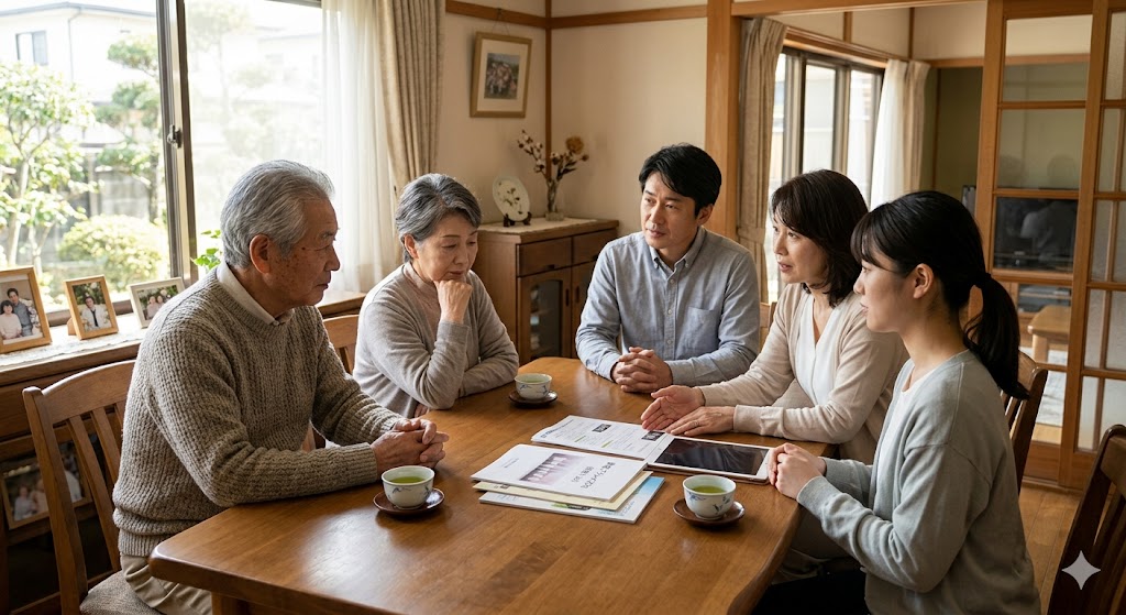 供養方法について家族で話し合う家族会議の様子