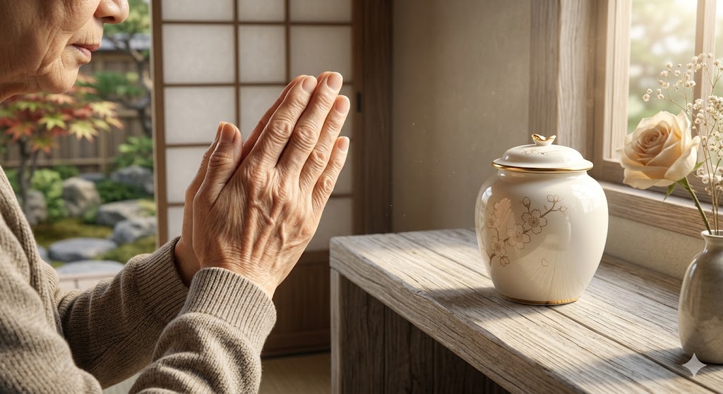 手元供養の小さな骨壺に手を合わせる様子