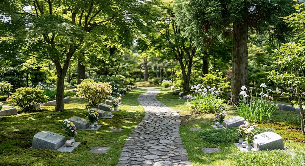 樹木葬の墓地。樹木や花に囲まれた自然志向の供養の様子